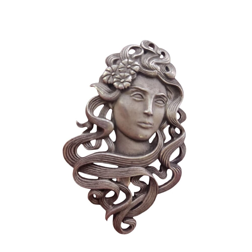 Fabulous Vintage Signed JJ 1980s Pewter Art Nouveau Lady Brooch (A5595)